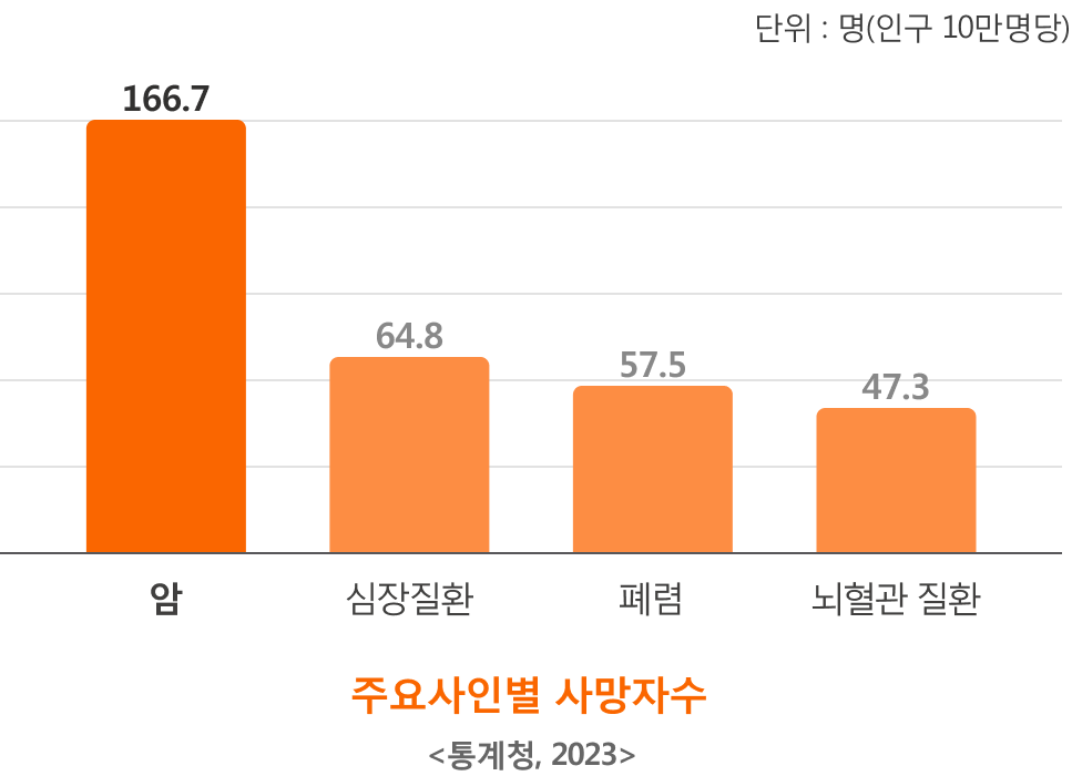 주요사인 별 사망자수 | 단위 : 인구 10만명당 명 | 암 166.7, 심장질환 64.8, 폐렴 57.5, 뇌혈관 질환 47.3 / 통계청, 2023