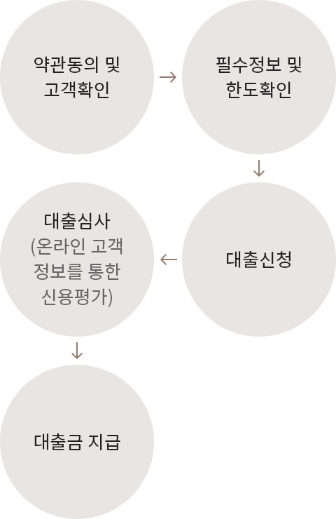 약관동의 및 고객확인 - 필수정보 및 한도확인 - 대출신청 - 대출심사 - 대출금 지급